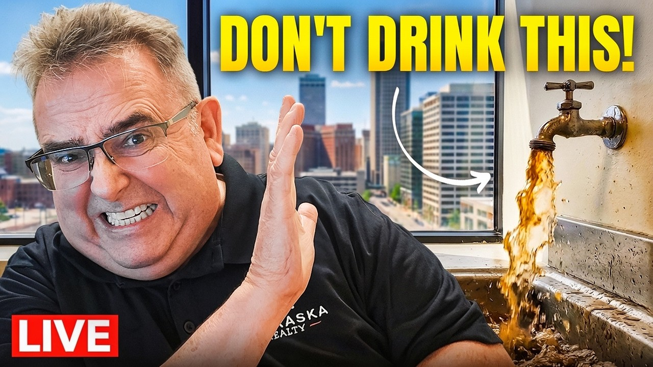 Man grimacing beside faucet pouring rusty water, with city skyline and text “DON’T DRINK THIS!”