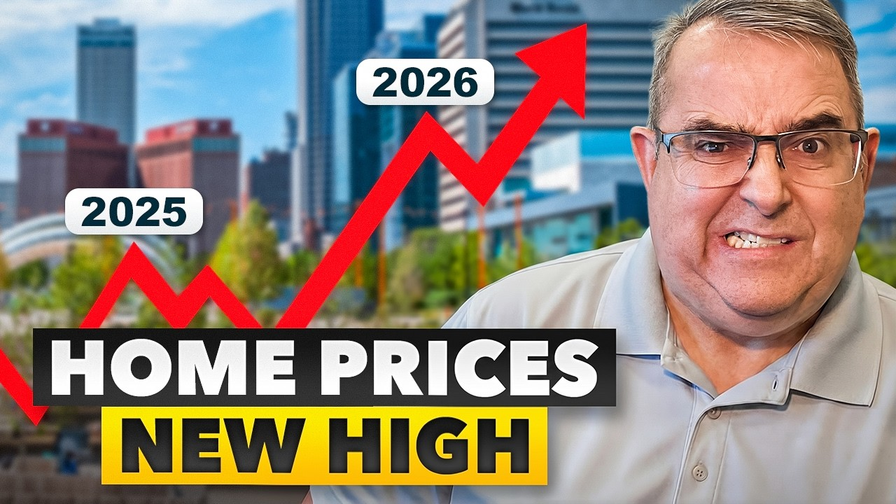 Red zigzag price chart over city skyline with “2025,” “2026,” and “HOME PRICES NEW HIGH” text, man on right