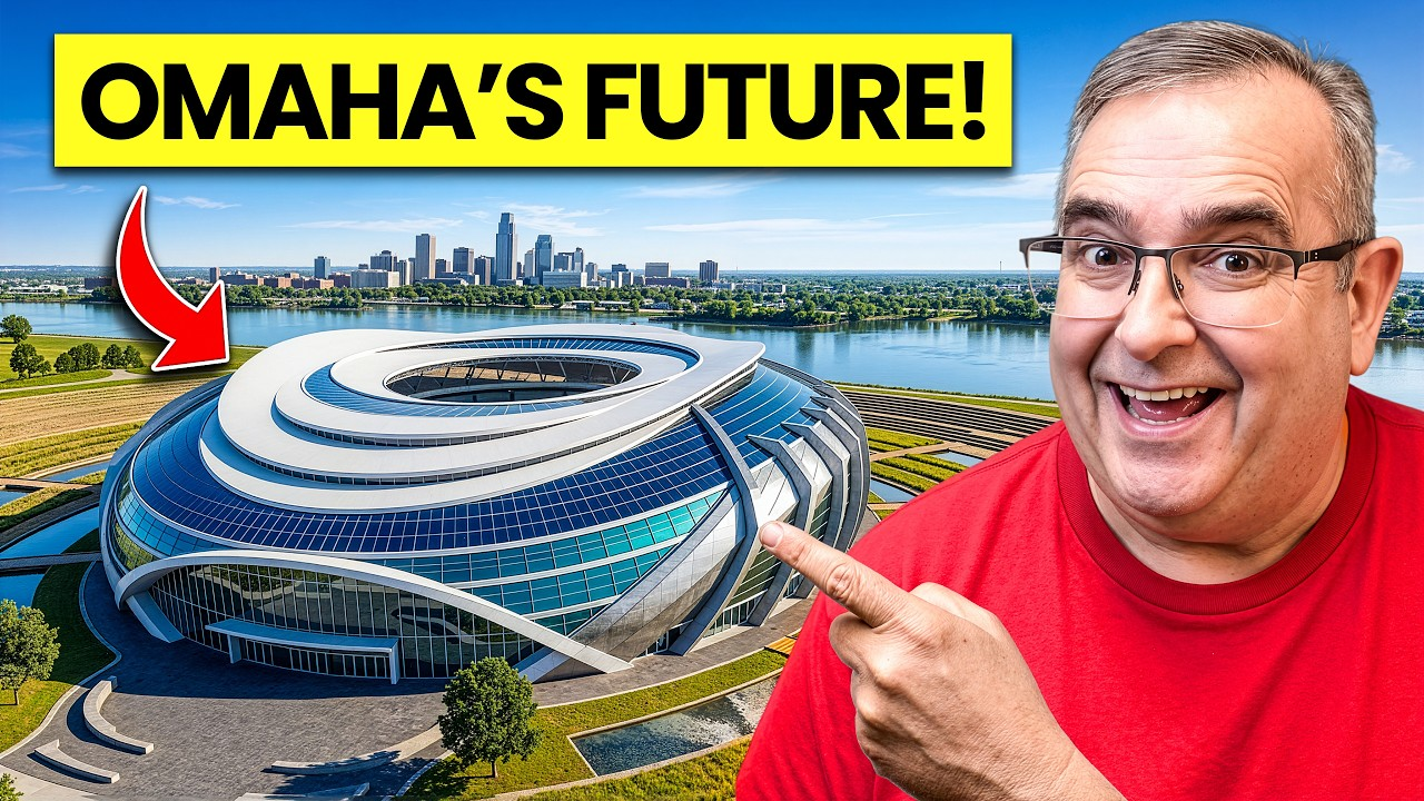 Man in red shirt pointing at a futuristic stadium with “OMAHA’S FUTURE!” text and city skyline