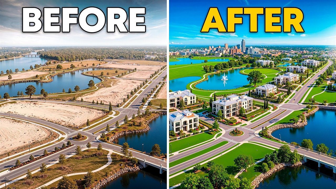 Aerial view comparing a barren landscape to a developed area with water features and buildings.