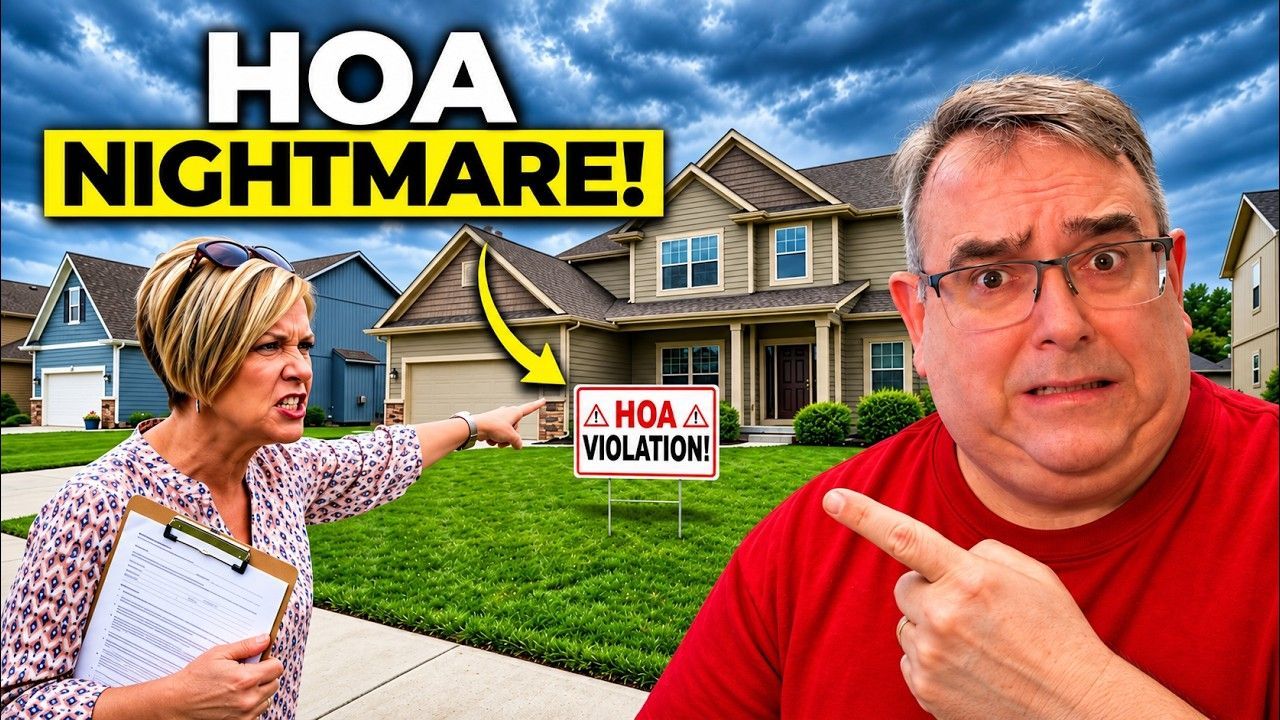 A frustrated woman points at an HOA violation sign in front of a house while a concerned man looks on.