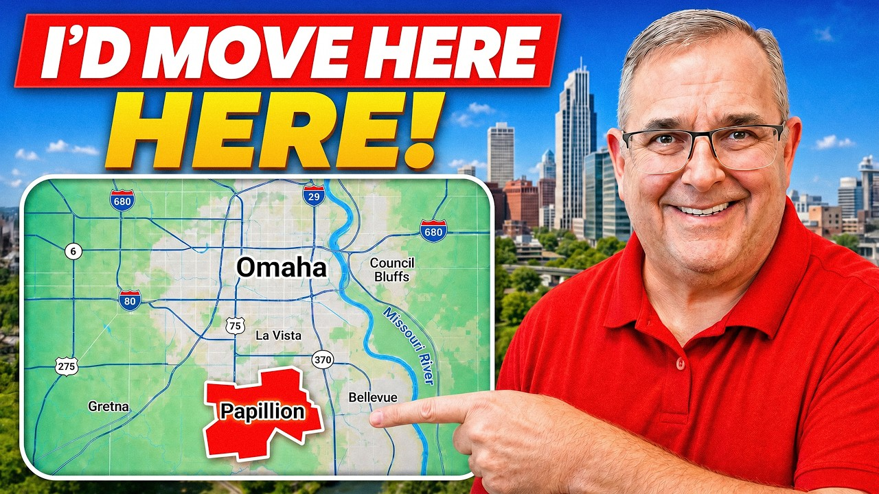 Man in red shirt pointing to Omaha on a map, with bold text “I’D MOVE HERE HERE!”