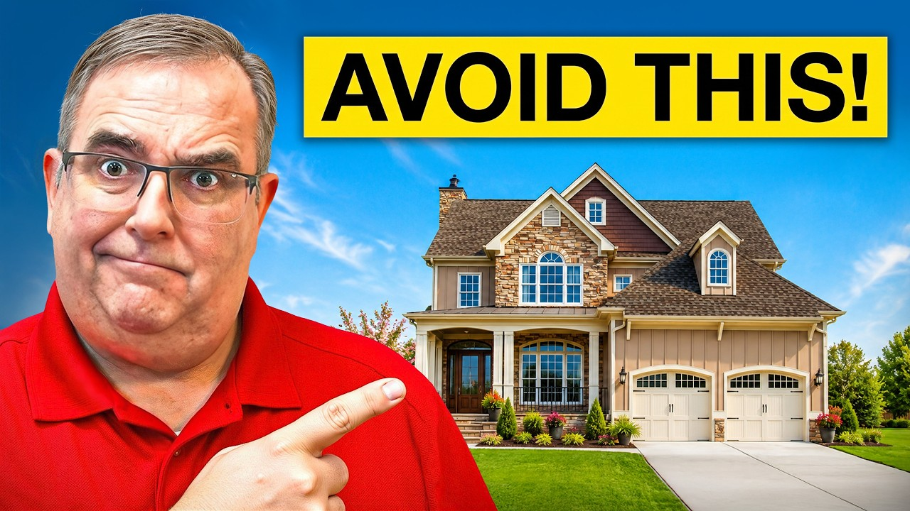 Man in red shirt pointing at a suburban house with bold yellow text “AVOID THIS!”