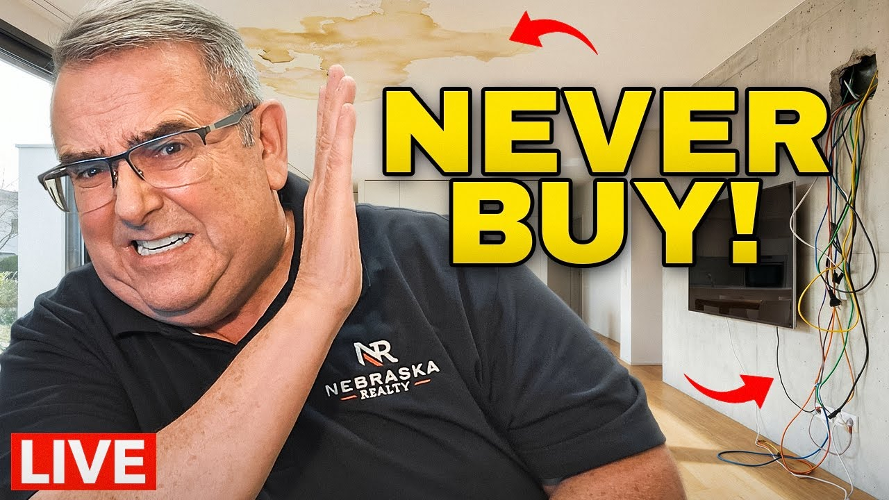 Man holding damaged wall outlet, with bold yellow text “NEVER BUY!” and a red “LIVE” label