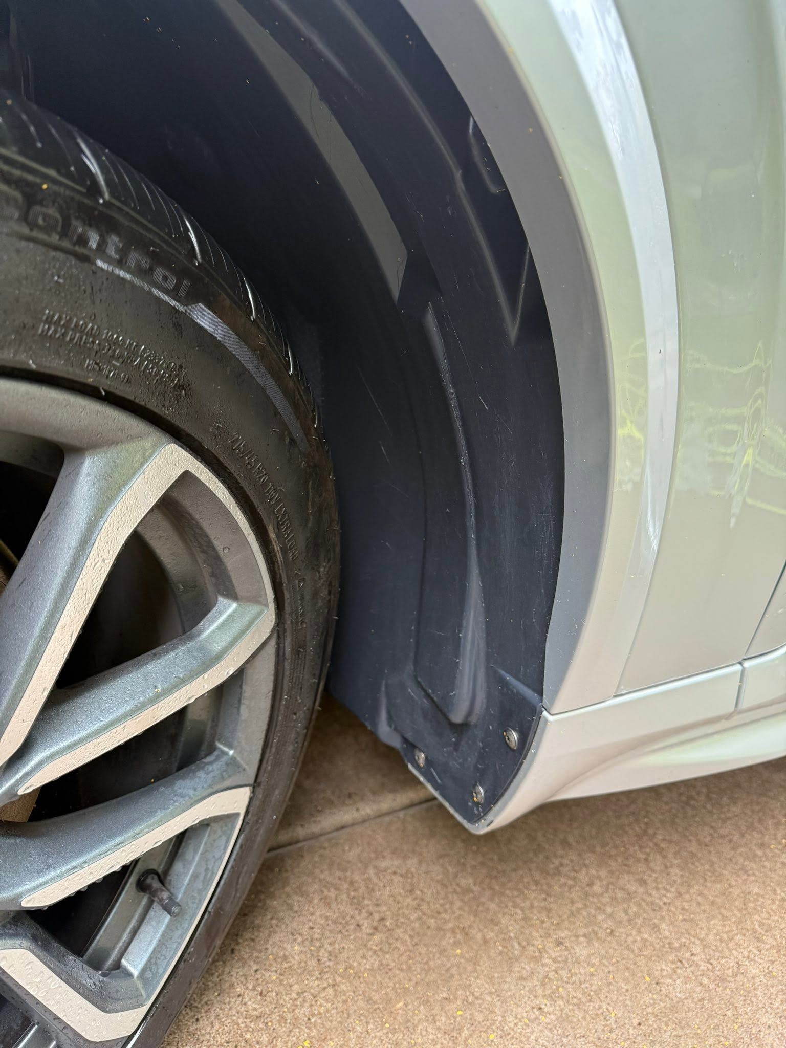Close-up of a car’s front wheel and black fender trim, with the lower door panel visible.