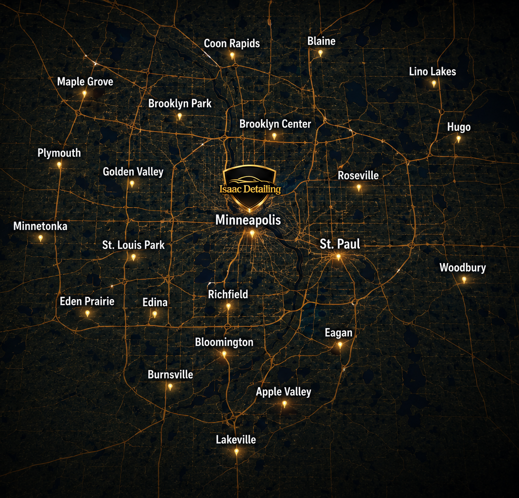 Dark map of the Minneapolis–St. Paul area with city labels and glowing road network