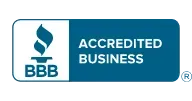 BBB Accredited Business logo with blue torch icon and white text on a blue background