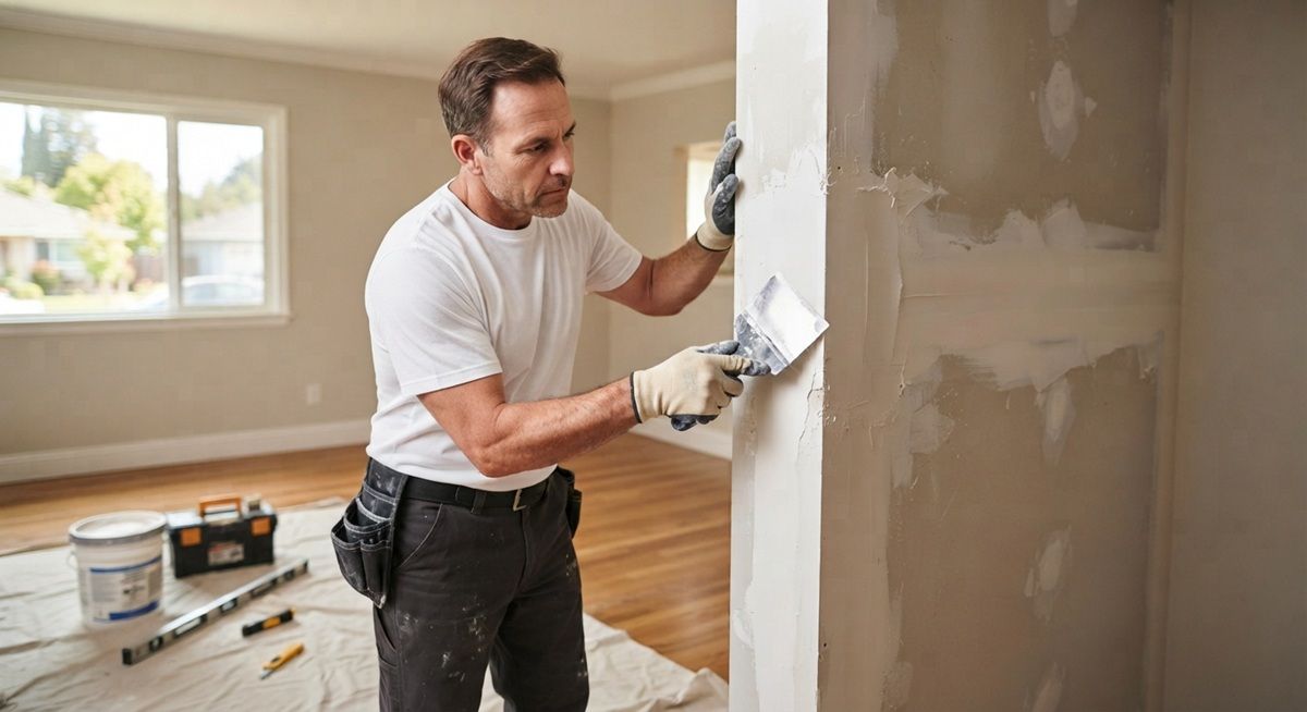 Technician repairing a damaged drywall corner in Fairfield, CA