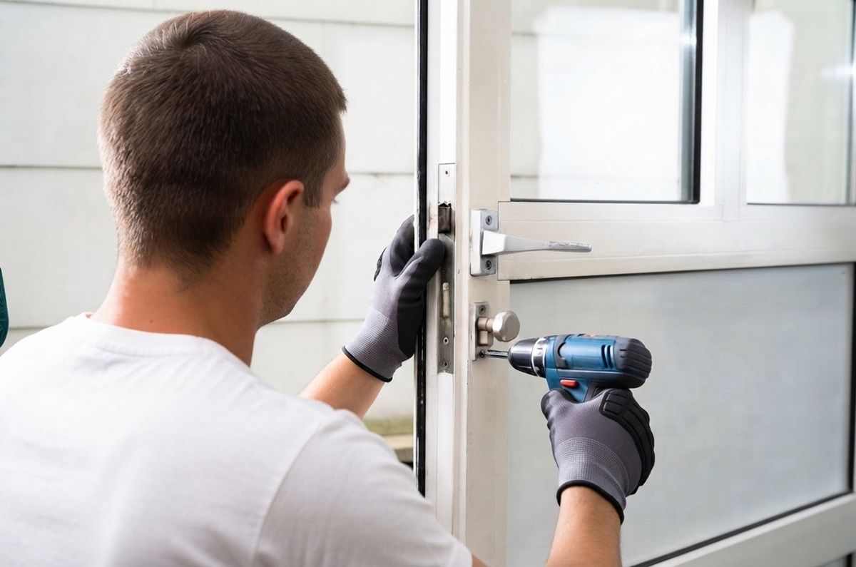 A technician in gloves uses a drill to install or repair a door lock mechanism.
