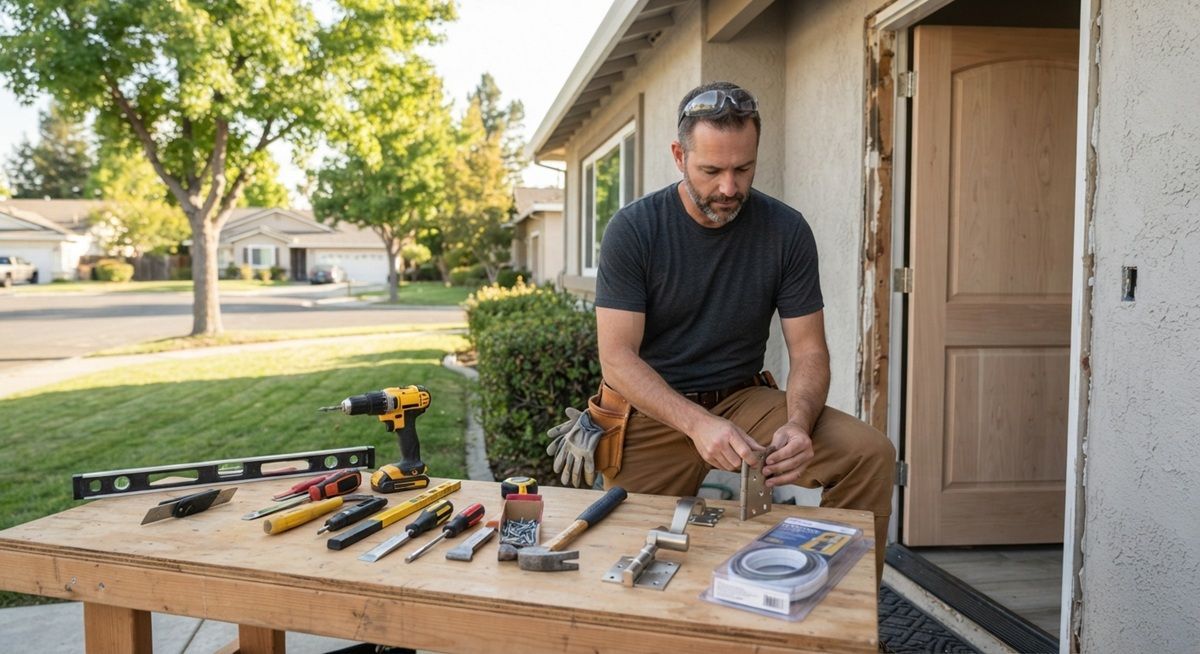 Door repair materials and hardware prepared at a Fairfield, CA property
