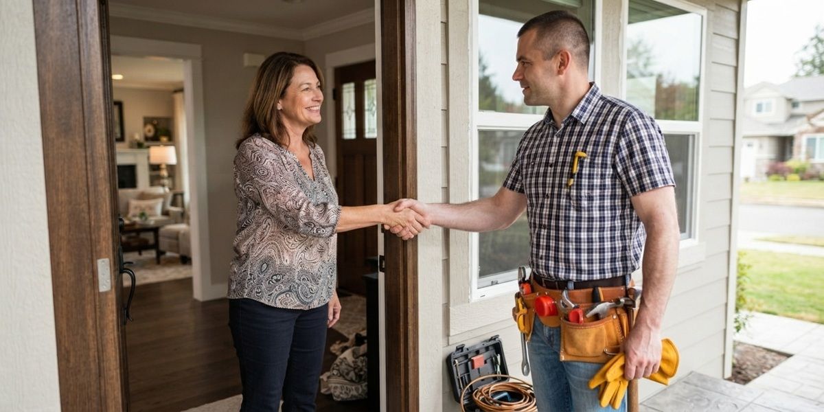 Handyman shaking hands with a homeowner for a window repair project in Fairfield, CA.
