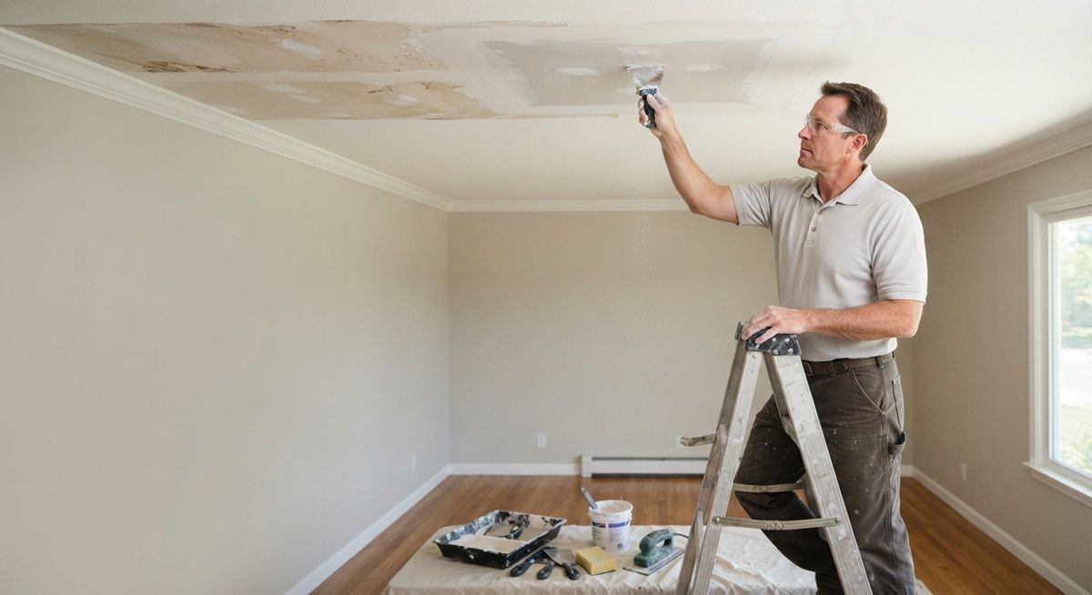 Technician repairing a water-damaged ceiling in Fairfield, CA