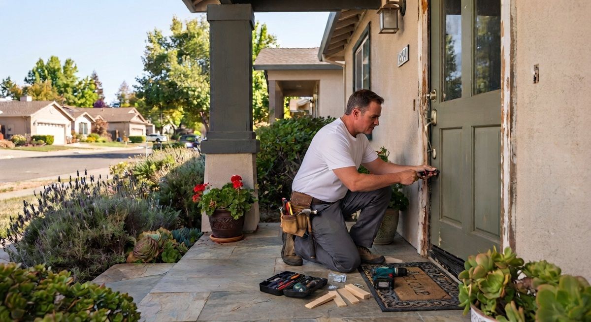 Handyman repairing a residential door in Fairfield.