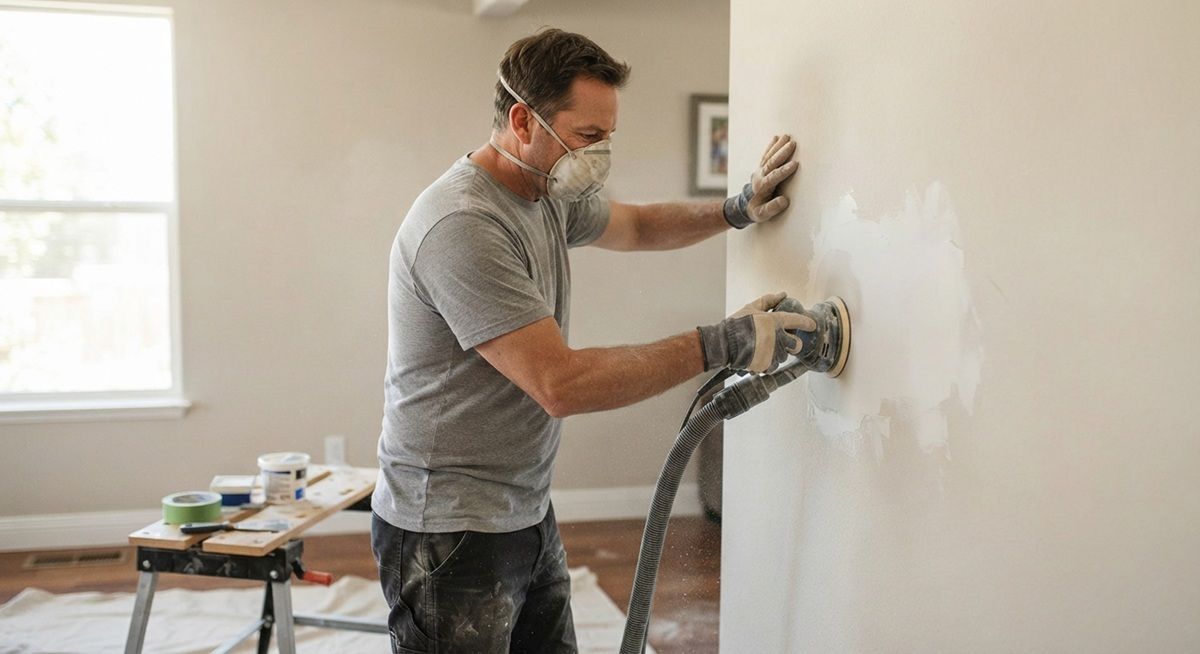 Local handyman professionally sanding a repaired wall in Fairfield