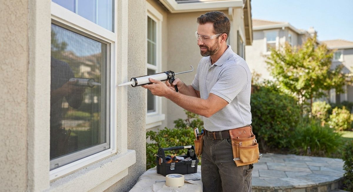 Handyman applying caulk to a residential window frame in Fairfield, CA.
