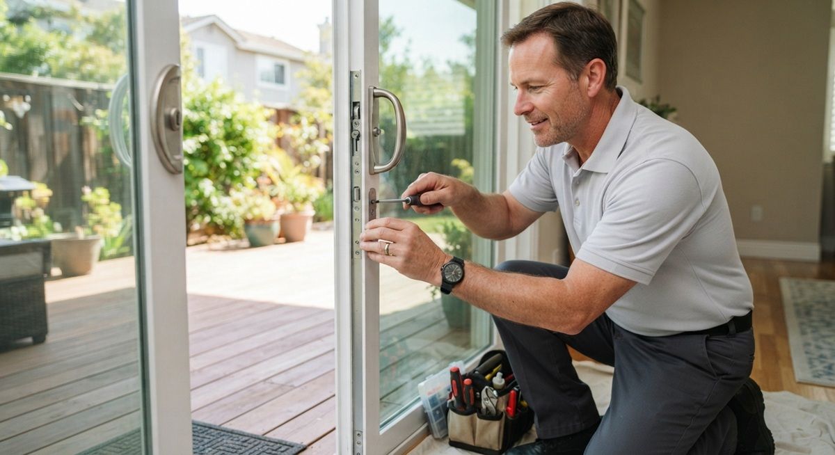 Technician repairing glass door hardware in Fairfield, CA
