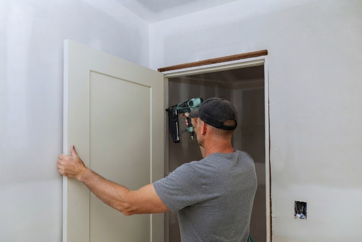 Contractor using nail gun to install new door frame.