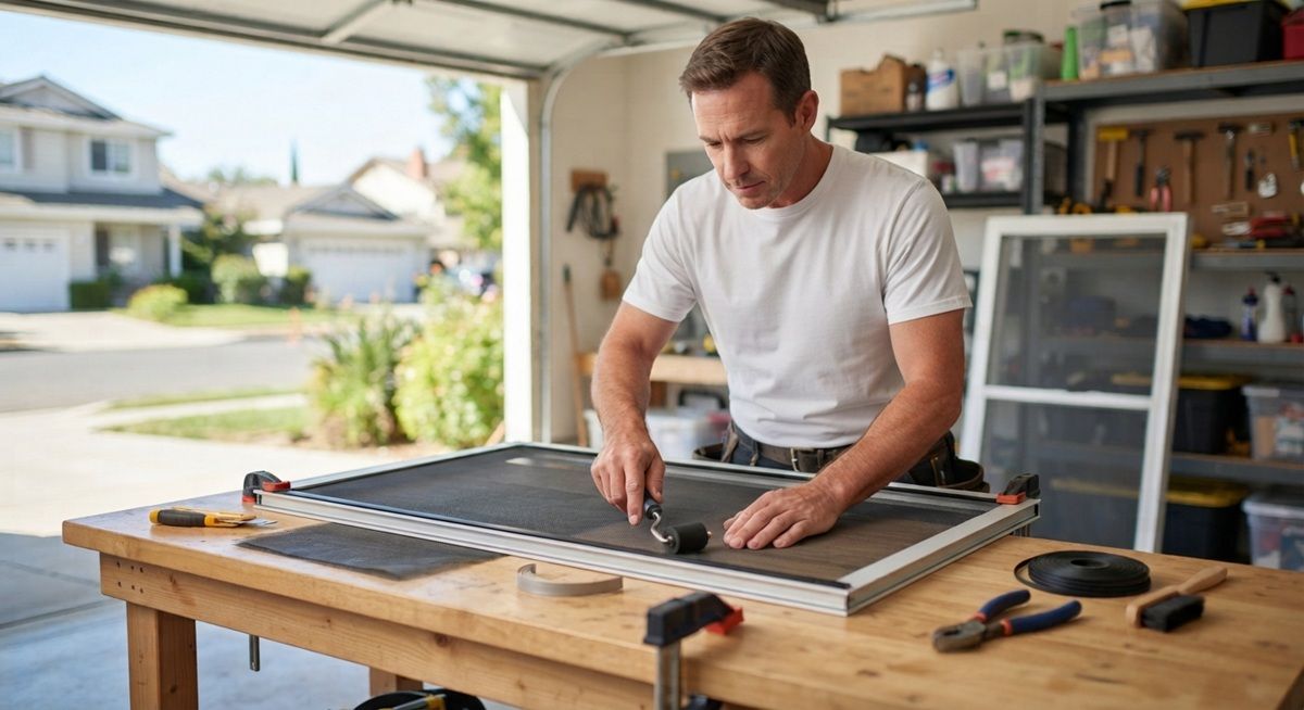 Handyman repairing a damaged window screen in Fairfield, California 
