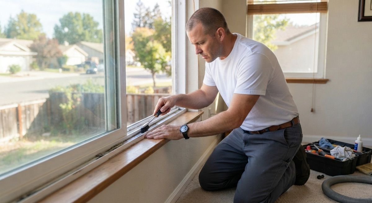 Technician repairing a sliding window track in Fairfield, CA