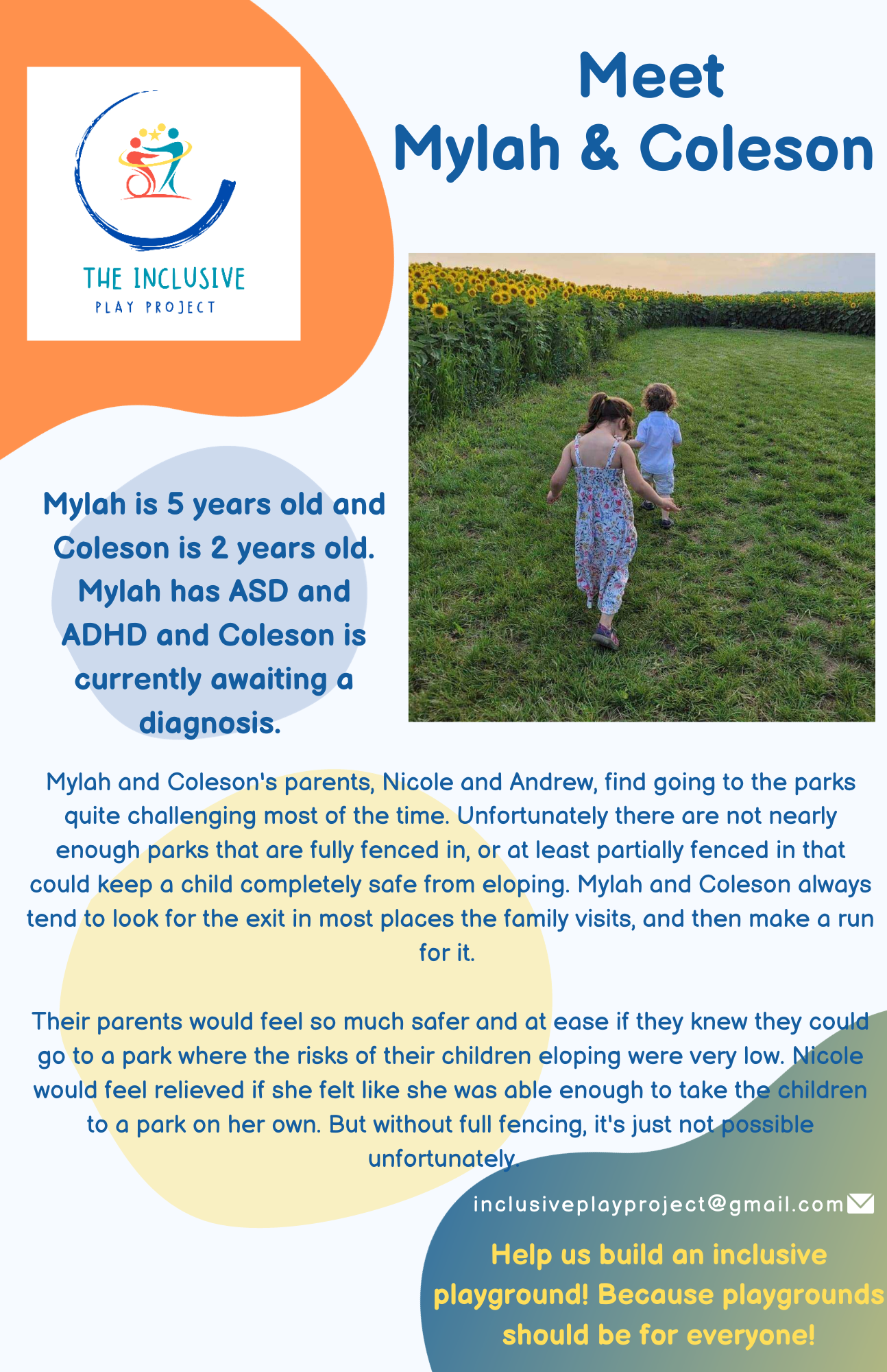 A poster that says `` meet mylah & coleson '' with a picture of two children walking in a field.