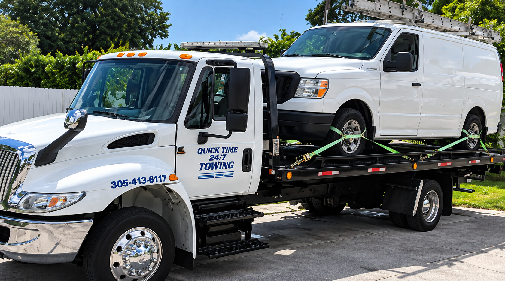 White tow truck hauling a white van on a flatbed trailer on a sunny street