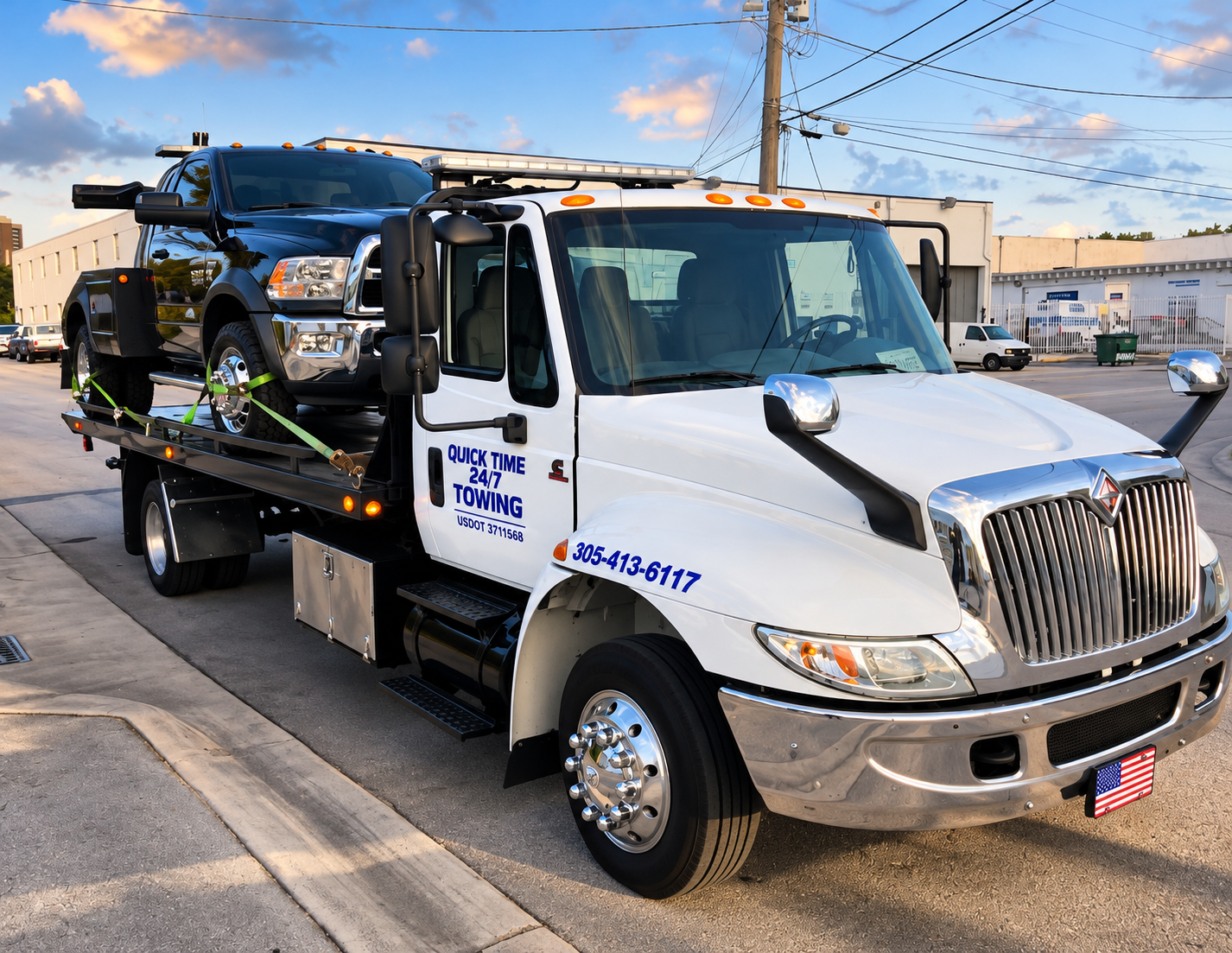 Tow truck carrying a black SUV on a street at sunset
