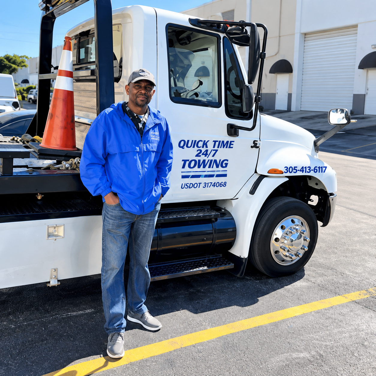 Tow truck driver standing beside a white and blue tow truck on a sunny street.