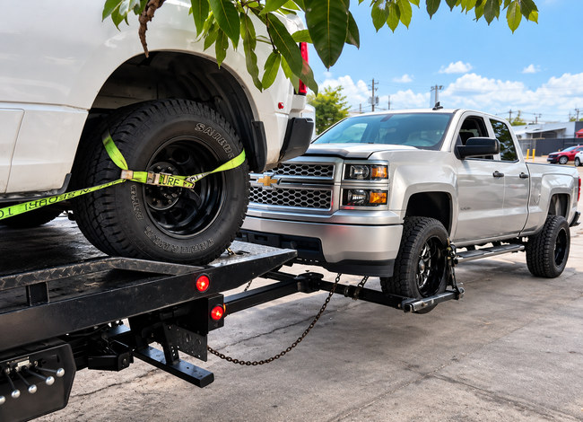 Silver pickup truck being loaded onto a black car hauler tow trailer outdoors on a sunny day