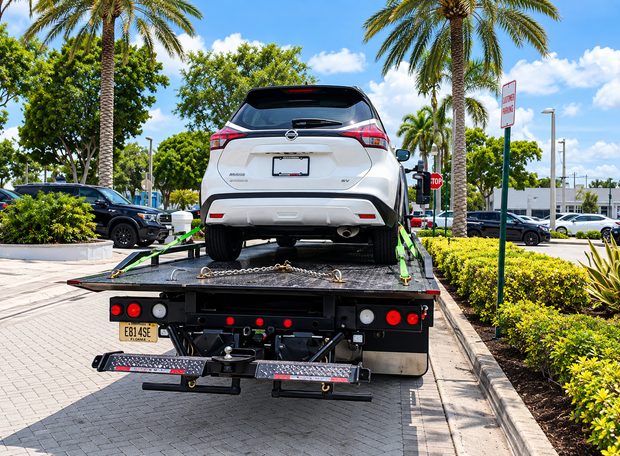 White SUV loaded on a flatbed tow truck beside a palm-lined street in bright sunlight