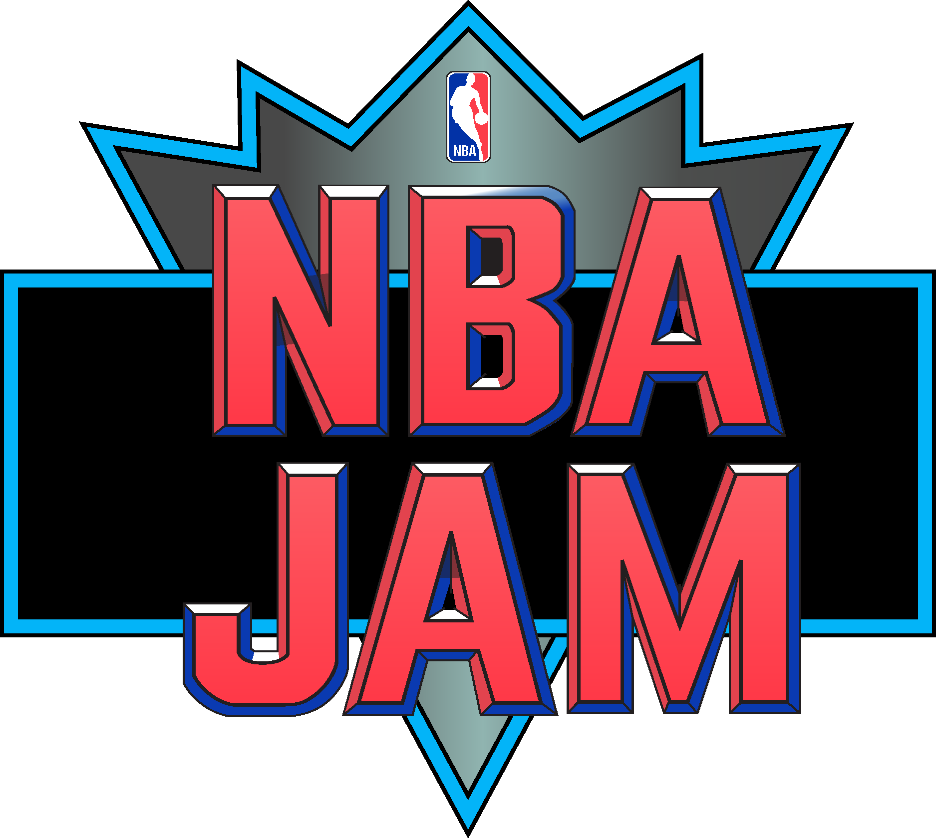 NBA Jam logo: Red text, blue outline, black background, starburst design, NBA logo.