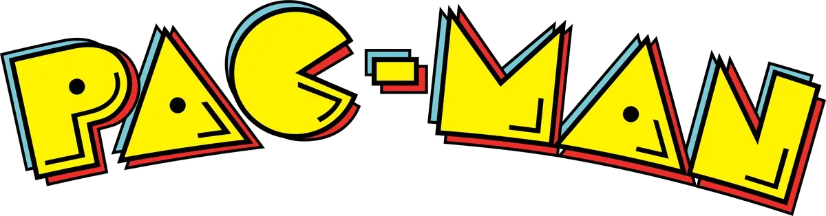 Pac-Man logo in yellow with red and blue accents, tilted slightly.