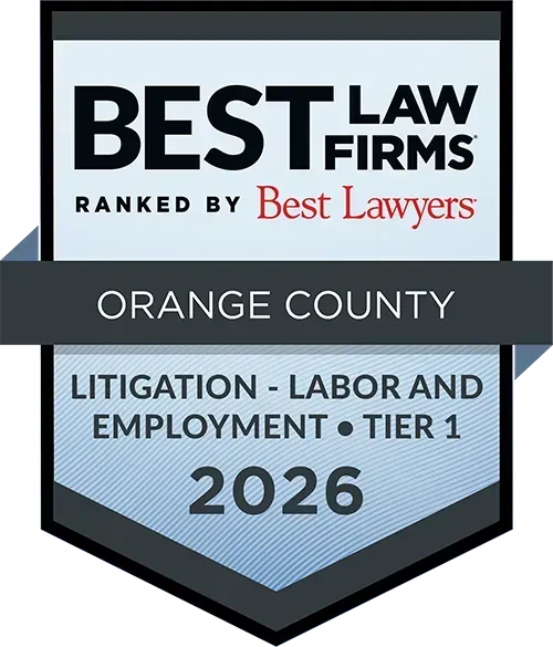 A badge that says "best law firms ranked by best lawyers orange county litigation labor and employment tier 1 ''.