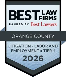 Award badge: Best Law Firms in Orange County for litigation, labor, and employment, Tier 1, 2026.