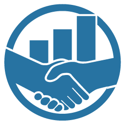 A handshake with a graph in the background in a blue circle.