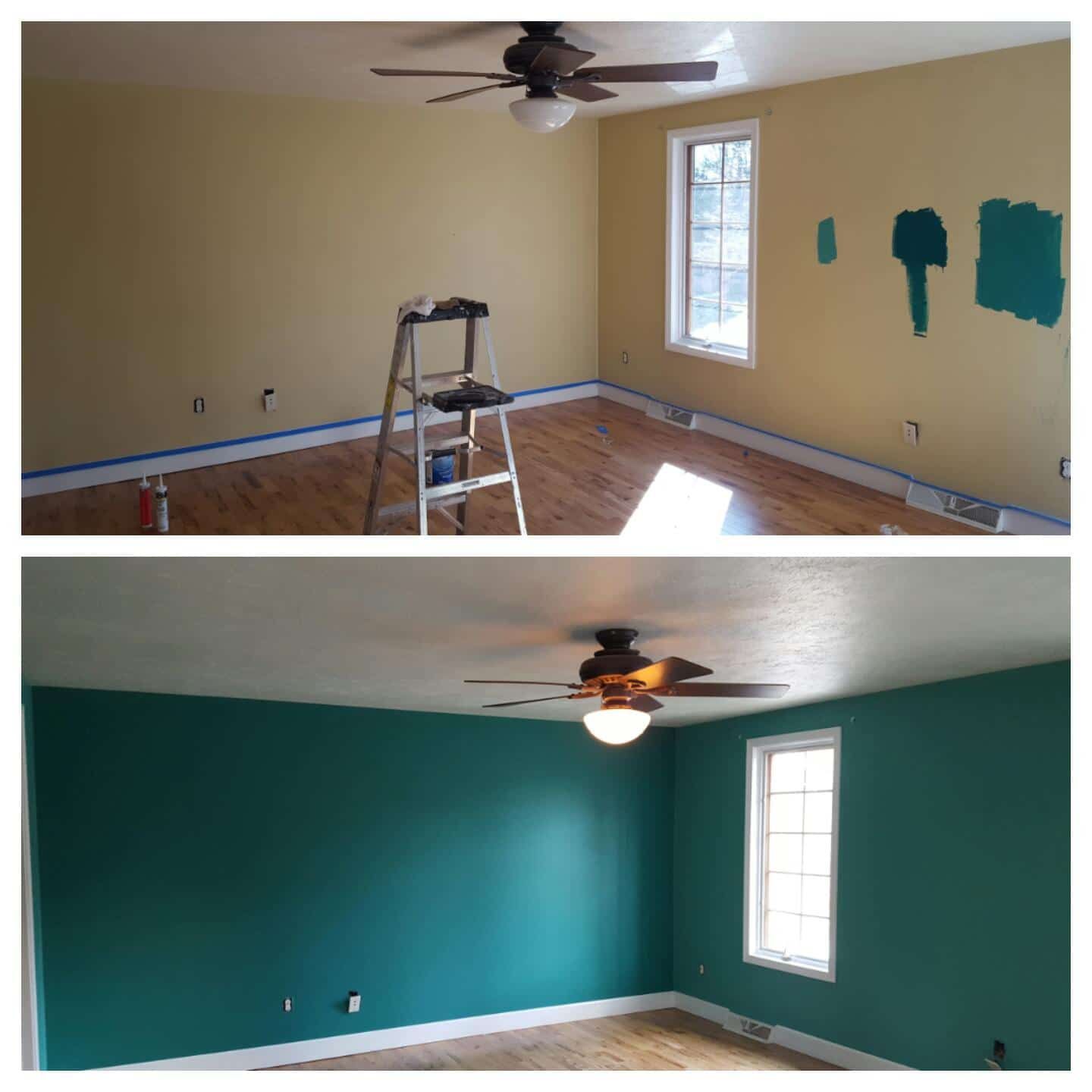 Before-and-after empty room: yellow walls with ladder and paint swatches, then teal-painted walls with window.