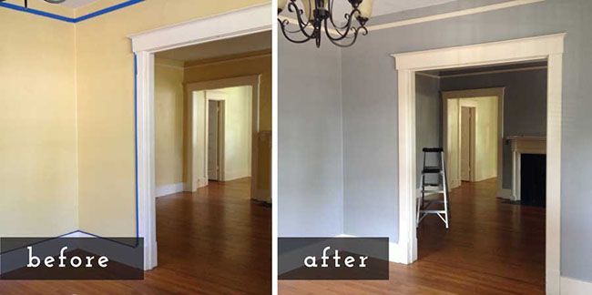 Before-and-after interior doorway remodel with widened trim and dark wood floor.