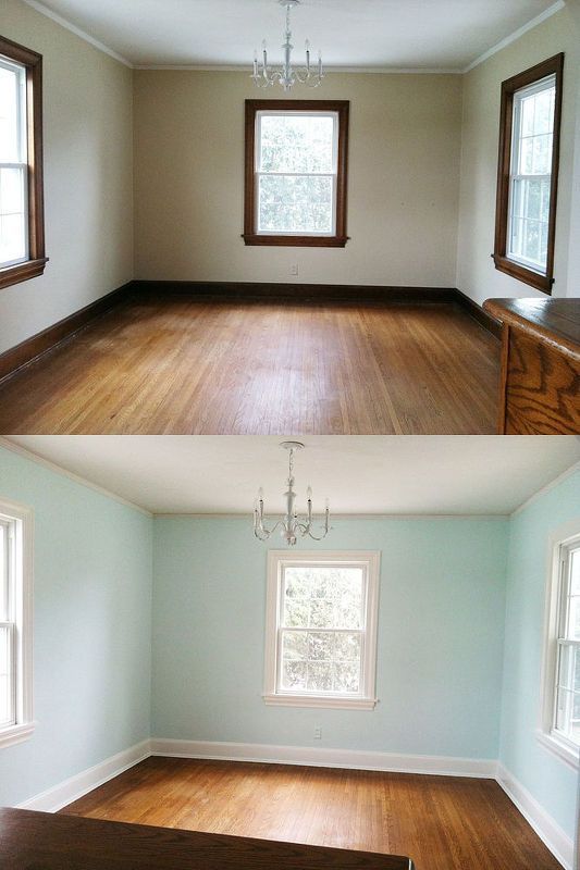 Before-and-after view of an empty room with hardwood floors and light blue walls