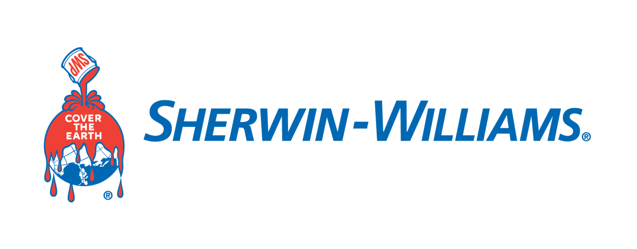 Sherwin-Williams logo with blue text and a red paint can icon