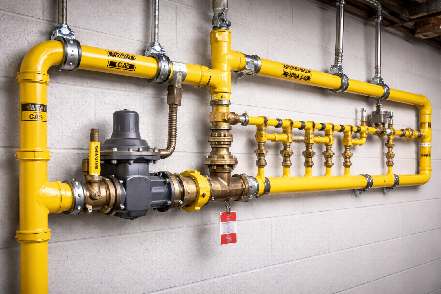 Yellow gas pipes and valves installed on a white wall.
