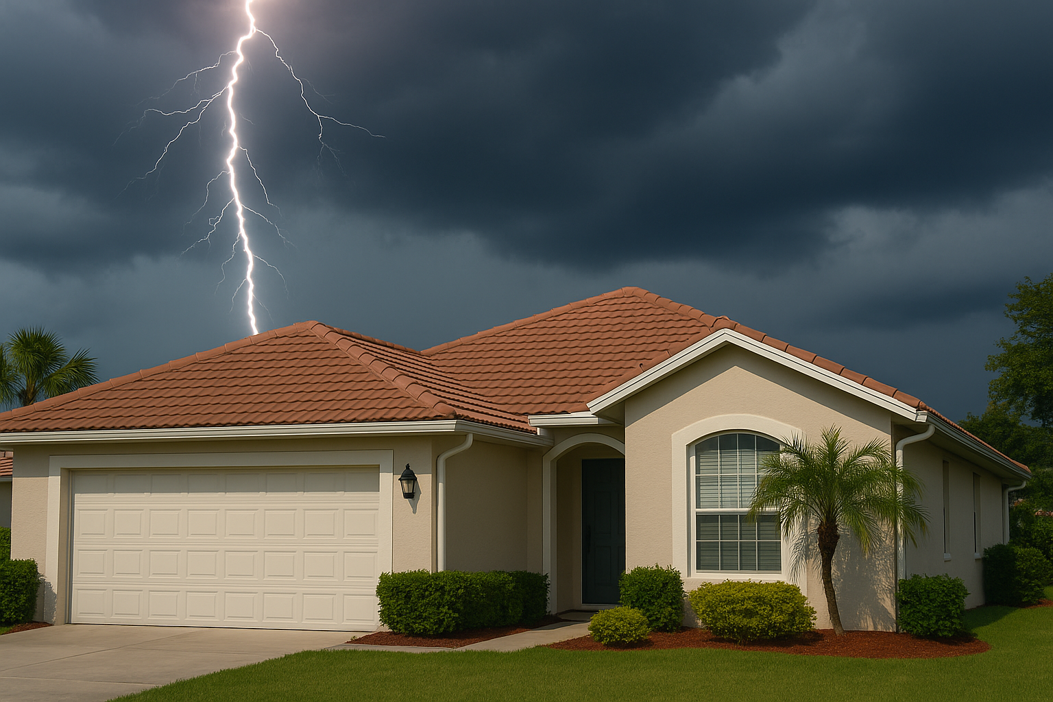 A lightning bolt strikes a house during a storm