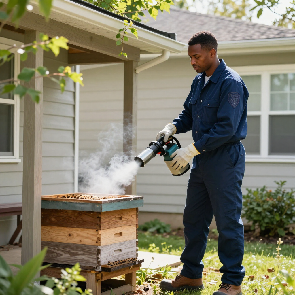 Beekeeper using a smoker beside a hive in a suburban yard