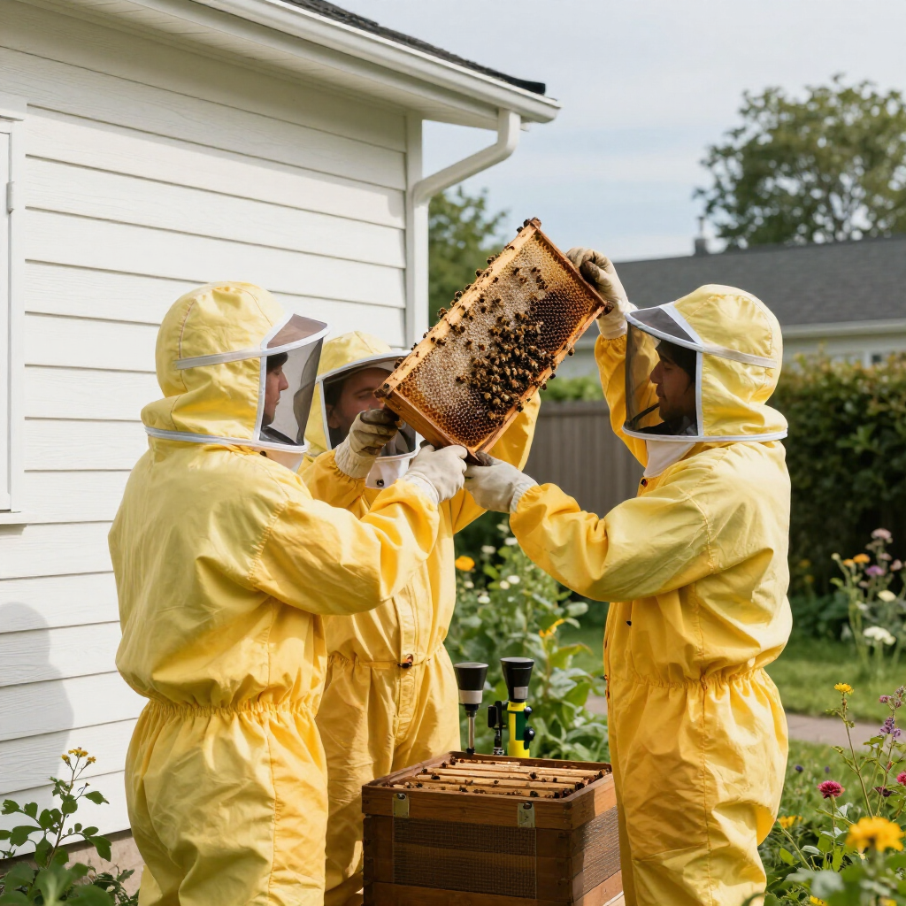 Three beekeepers in yellow suits inspect a honeycomb frame beside a hive in a backyard garden.