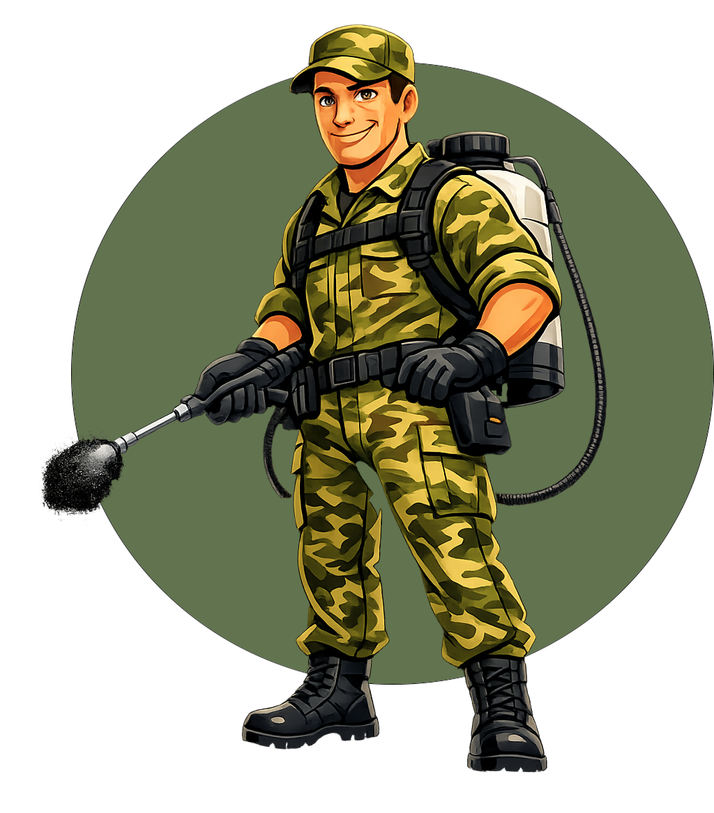 Cartoon exterminator in camouflage suit holding a spray wand with backpack sprayer on a green circle background
