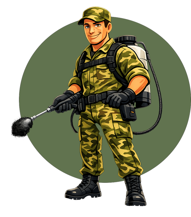 Cartoon exterminator in camouflage suit holding a spray wand with backpack sprayer on a green circle background