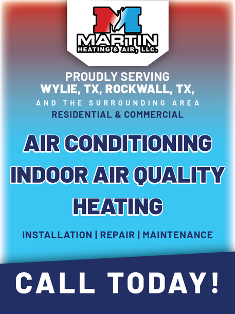 Martin Heating and Air LLC ad: air conditioning, indoor air quality, and heating services, blue background, “Call Today”