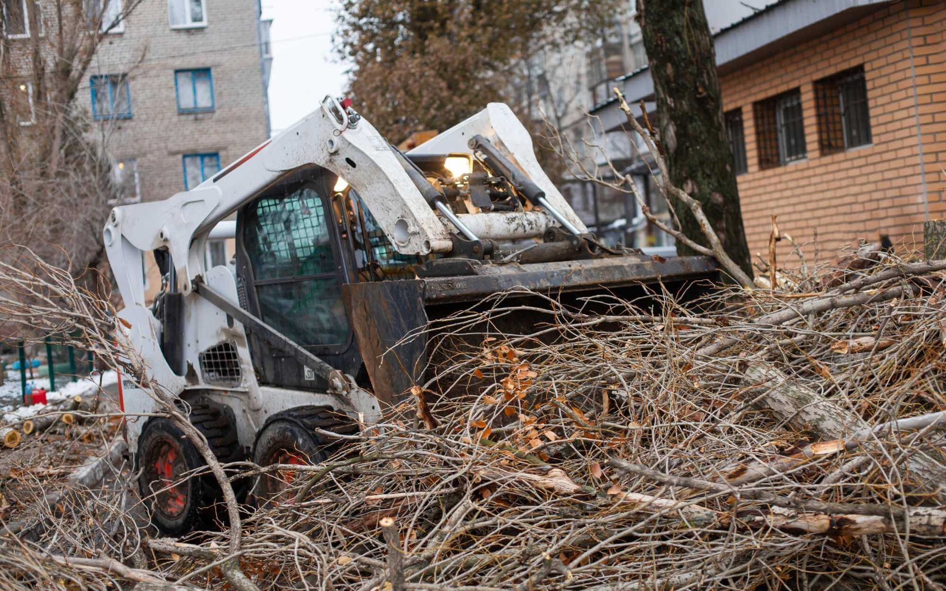 a bobcat is being used to remove the tree debris after a storm wreaked havoc these South Florida streets