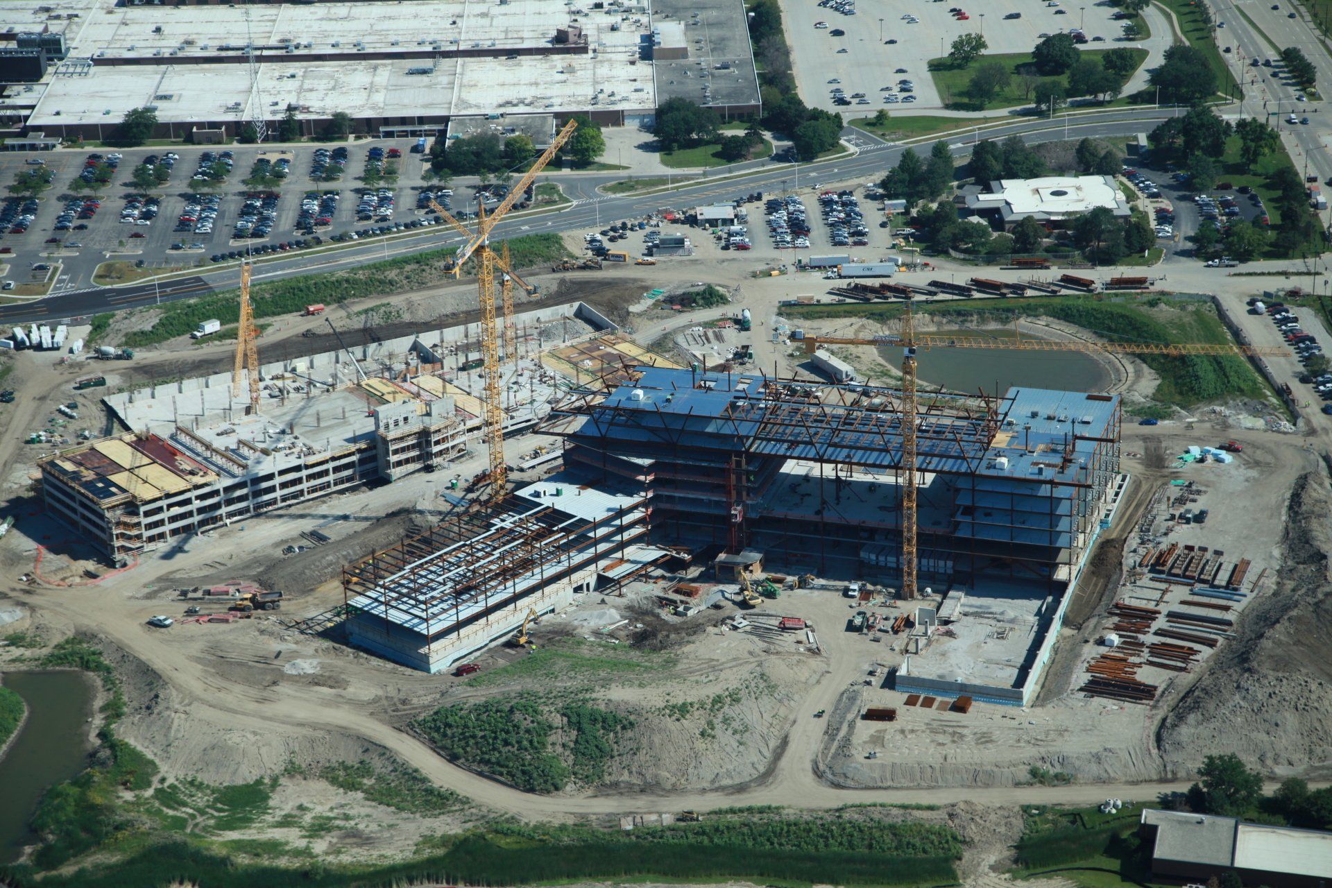 An aerial view of a large building under construction