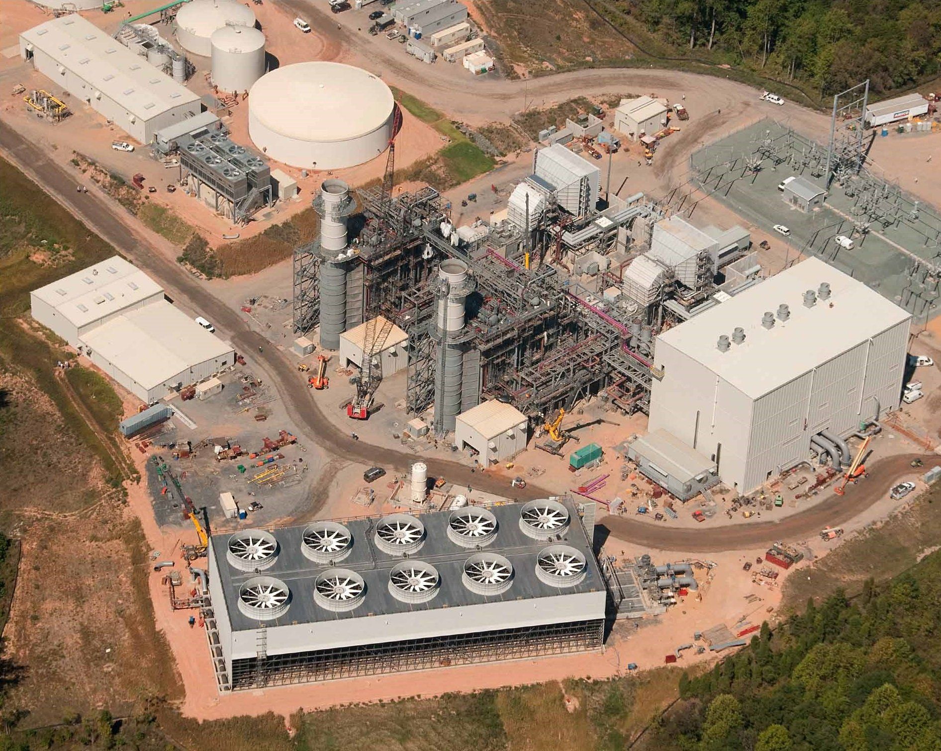 An aerial view of a large industrial area with lots of buildings
