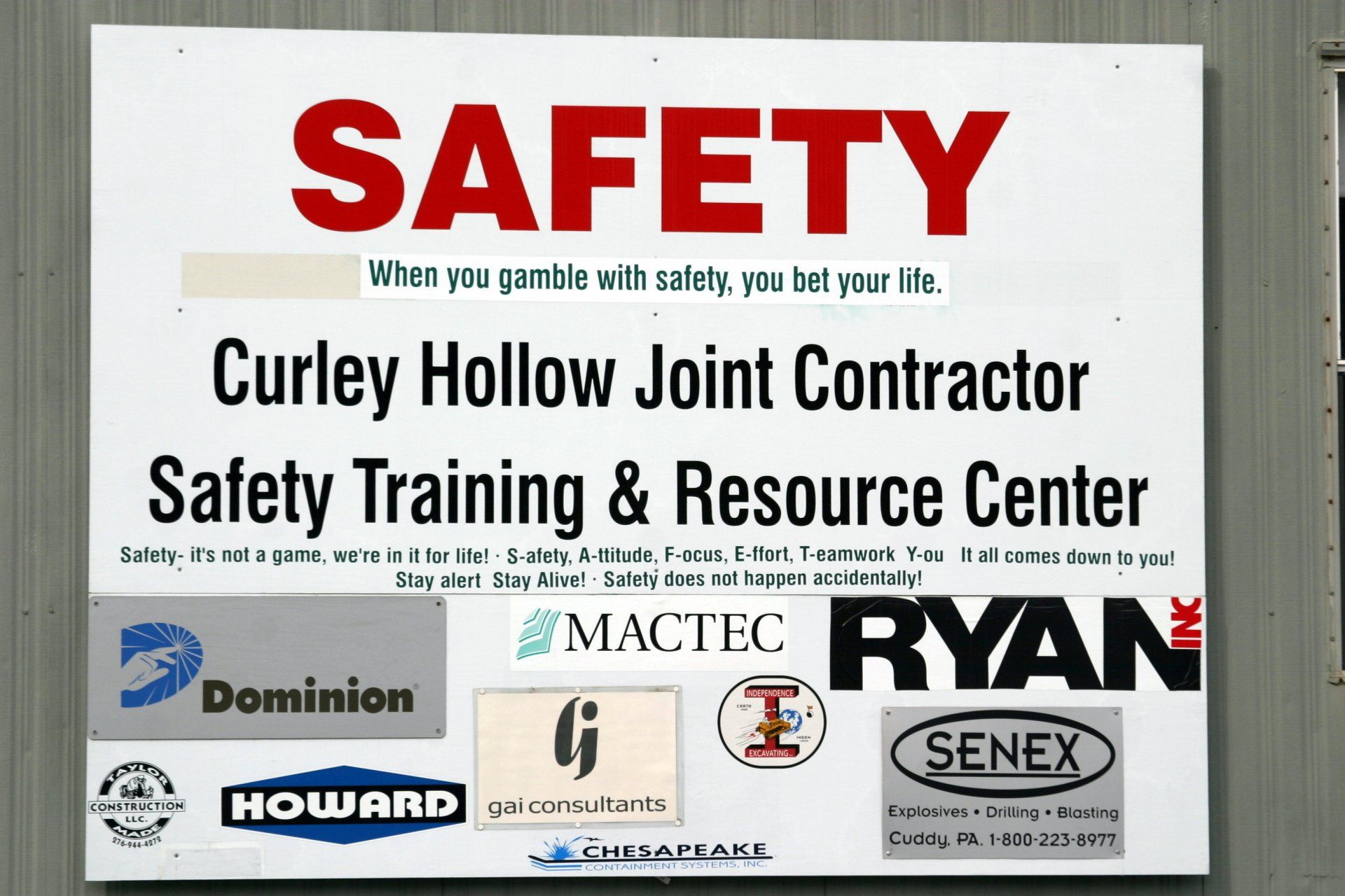 Curley hollow joint contractor safety training & resource center sign