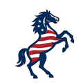 Stylized rearing horse in American flag colors, with navy stars on its mane and red-and-white stripes on its body